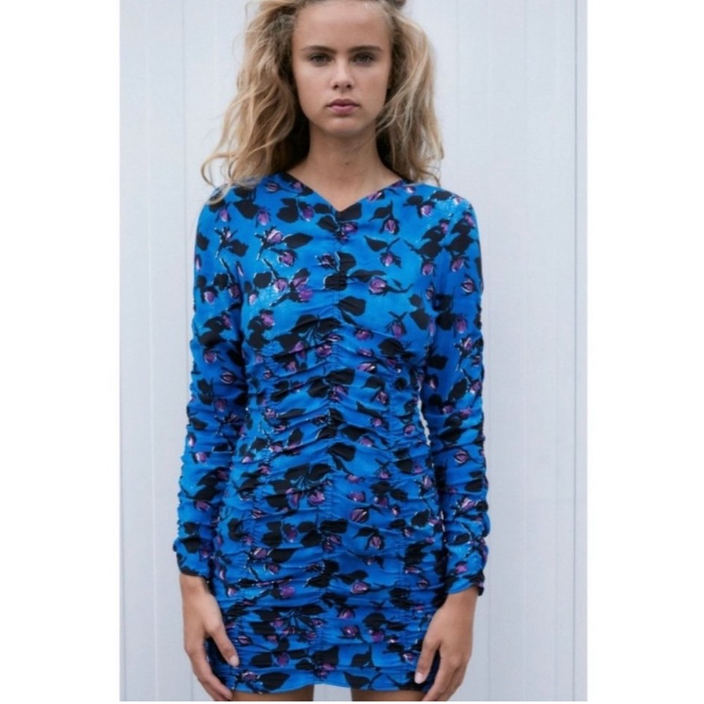 ZARA Blue Floral Ruched Ruffled Long Sleeve Mini Dress Medium